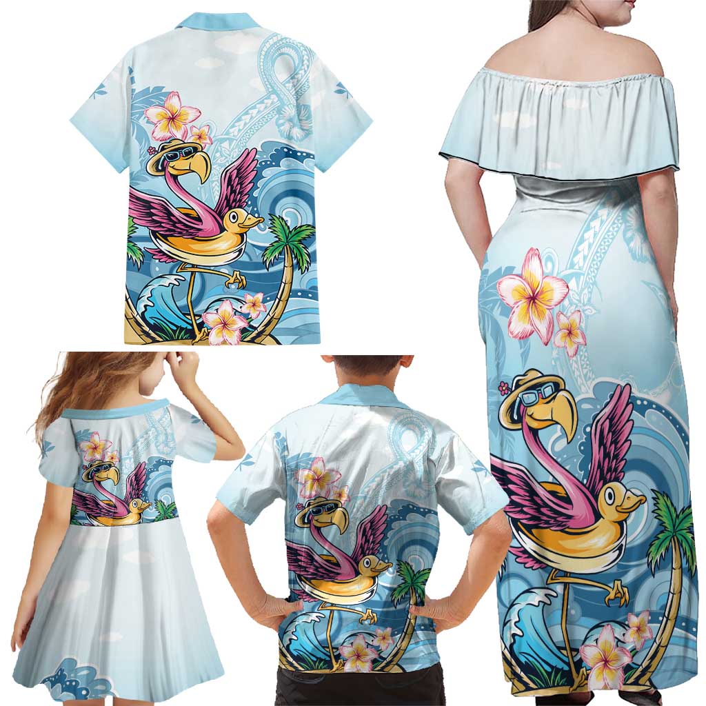 Hawaii Flamingo Family Matching Off Shoulder Maxi Dress and Hawaiian Shirt Plumeria Tropical Beach - Wonder Print Shop