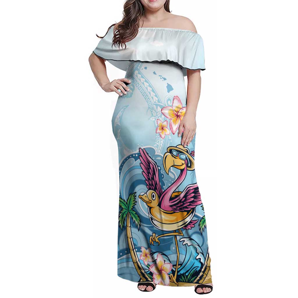 Hawaii Flamingo Family Matching Off Shoulder Maxi Dress and Hawaiian Shirt Plumeria Tropical Beach - Wonder Print Shop