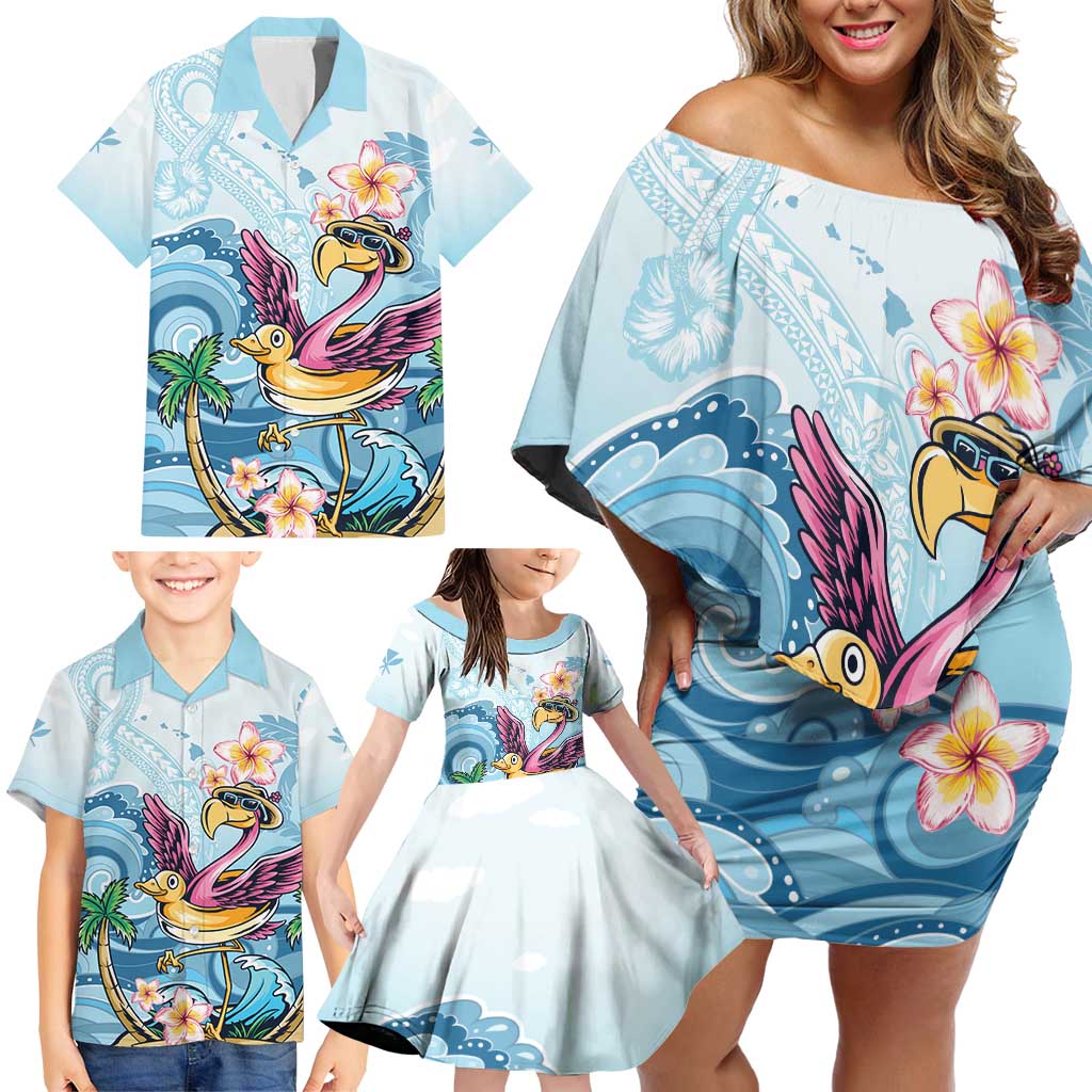 Hawaii Flamingo Family Matching Off Shoulder Short Dress and Hawaiian Shirt Plumeria Tropical Beach - Wonder Print Shop
