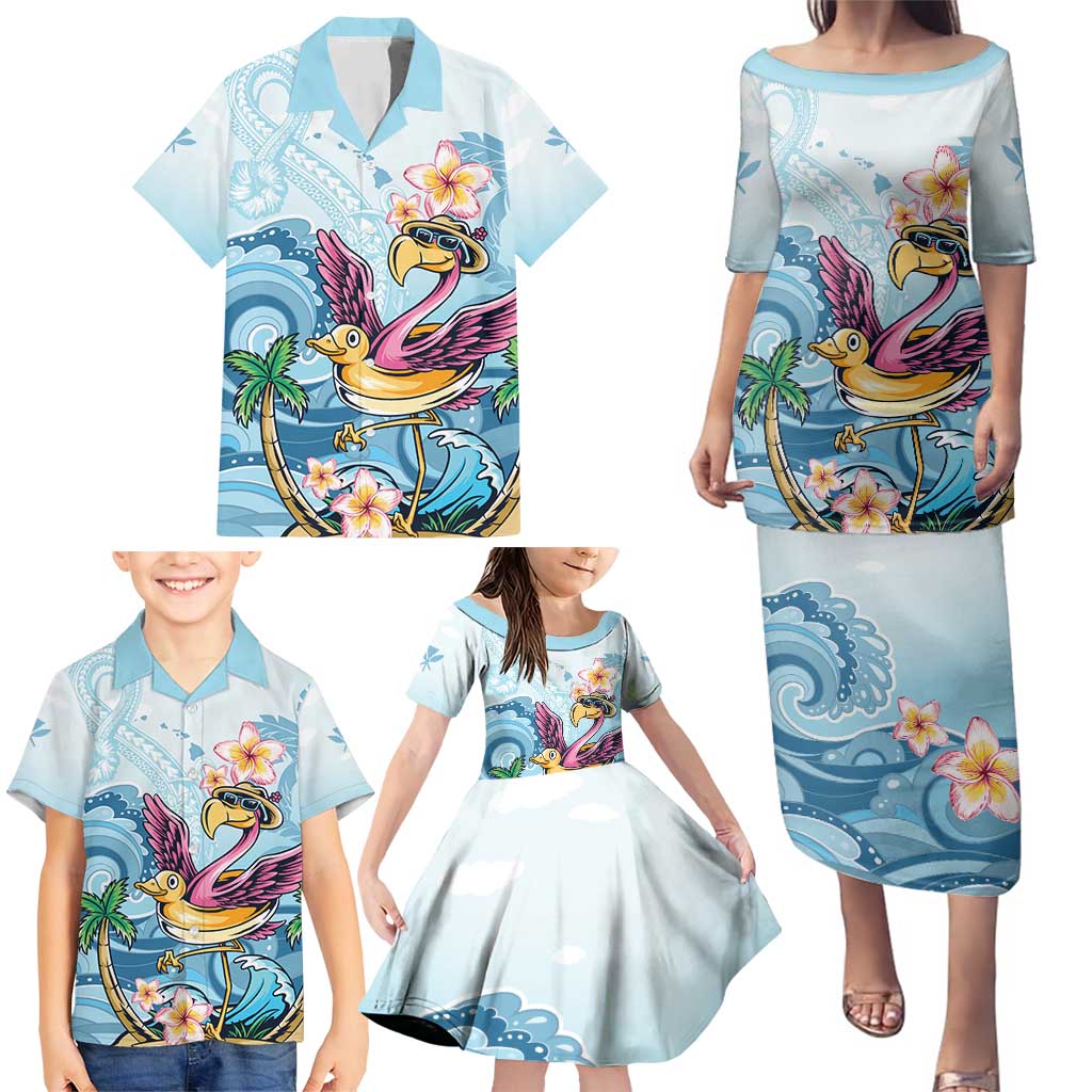 Hawaii Flamingo Family Matching Puletasi and Hawaiian Shirt Plumeria Tropical Beach - Wonder Print Shop