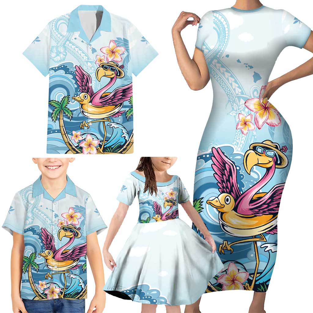 Hawaii Flamingo Family Matching Short Sleeve Bodycon Dress and Hawaiian Shirt Plumeria Tropical Beach - Wonder Print Shop