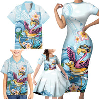 Hawaii Flamingo Family Matching Short Sleeve Bodycon Dress and Hawaiian Shirt Plumeria Tropical Beach - Wonder Print Shop