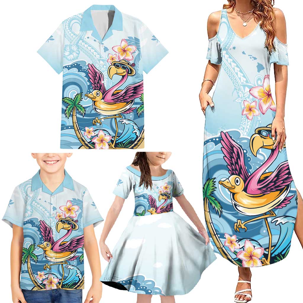 Hawaii Flamingo Family Matching Summer Maxi Dress and Hawaiian Shirt Plumeria Tropical Beach - Wonder Print Shop