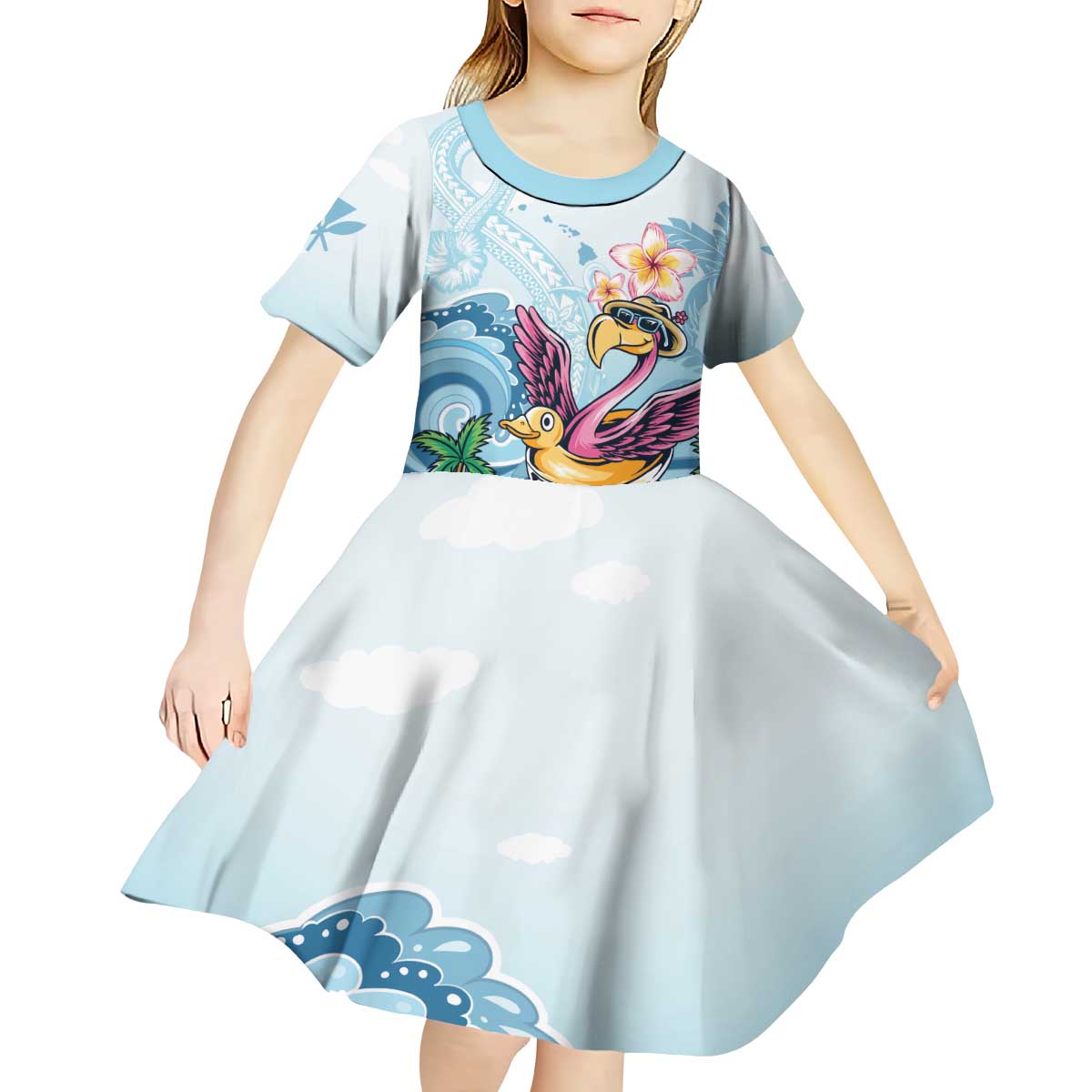 Hawaii Flamingo Kid Short Sleeve Dress Plumeria Tropical Beach - Wonder Print Shop