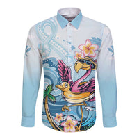 Hawaii Flamingo Long Sleeve Button Shirt Plumeria Tropical Beach - Wonder Print Shop