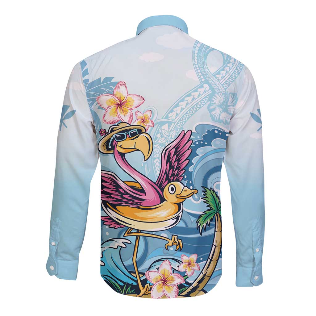 Hawaii Flamingo Long Sleeve Button Shirt Plumeria Tropical Beach - Wonder Print Shop