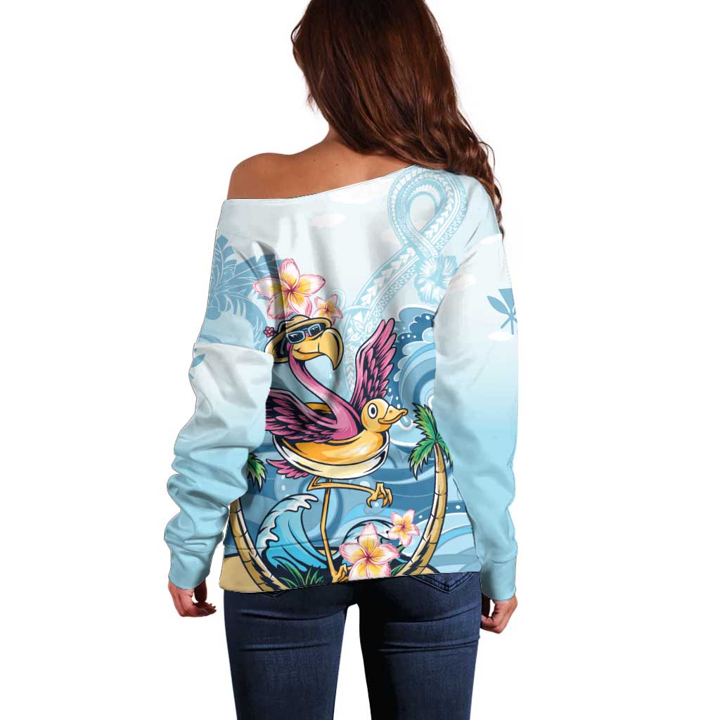 Hawaii Flamingo Off Shoulder Sweater Plumeria Tropical Beach - Wonder Print Shop