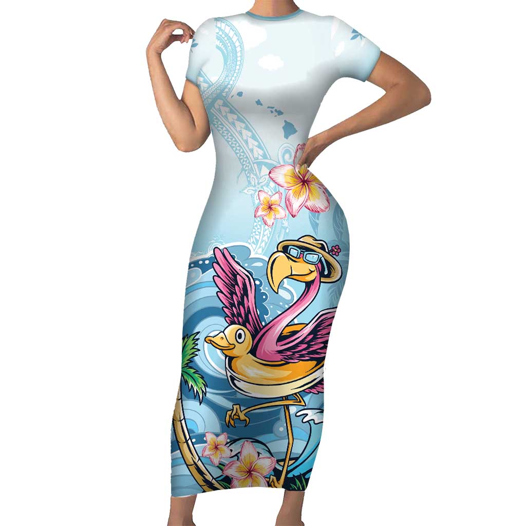 Hawaii Flamingo Short Sleeve Bodycon Dress Plumeria Tropical Beach - Wonder Print Shop