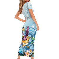Hawaii Flamingo Short Sleeve Bodycon Dress Plumeria Tropical Beach - Wonder Print Shop