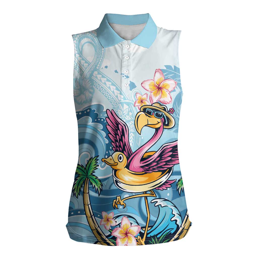 Hawaii Flamingo Women Sleeveless Polo Shirt Plumeria Tropical Beach - Wonder Print Shop