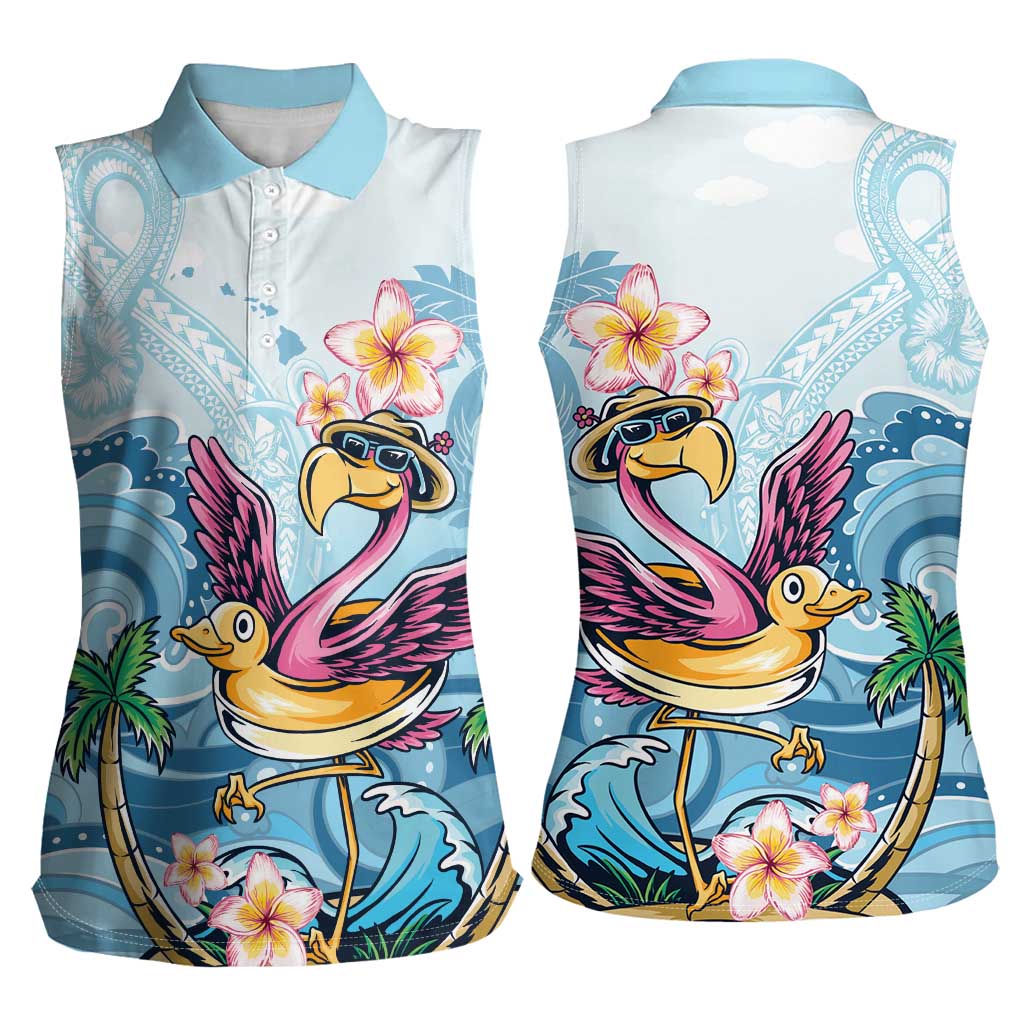 Hawaii Flamingo Women Sleeveless Polo Shirt Plumeria Tropical Beach - Wonder Print Shop
