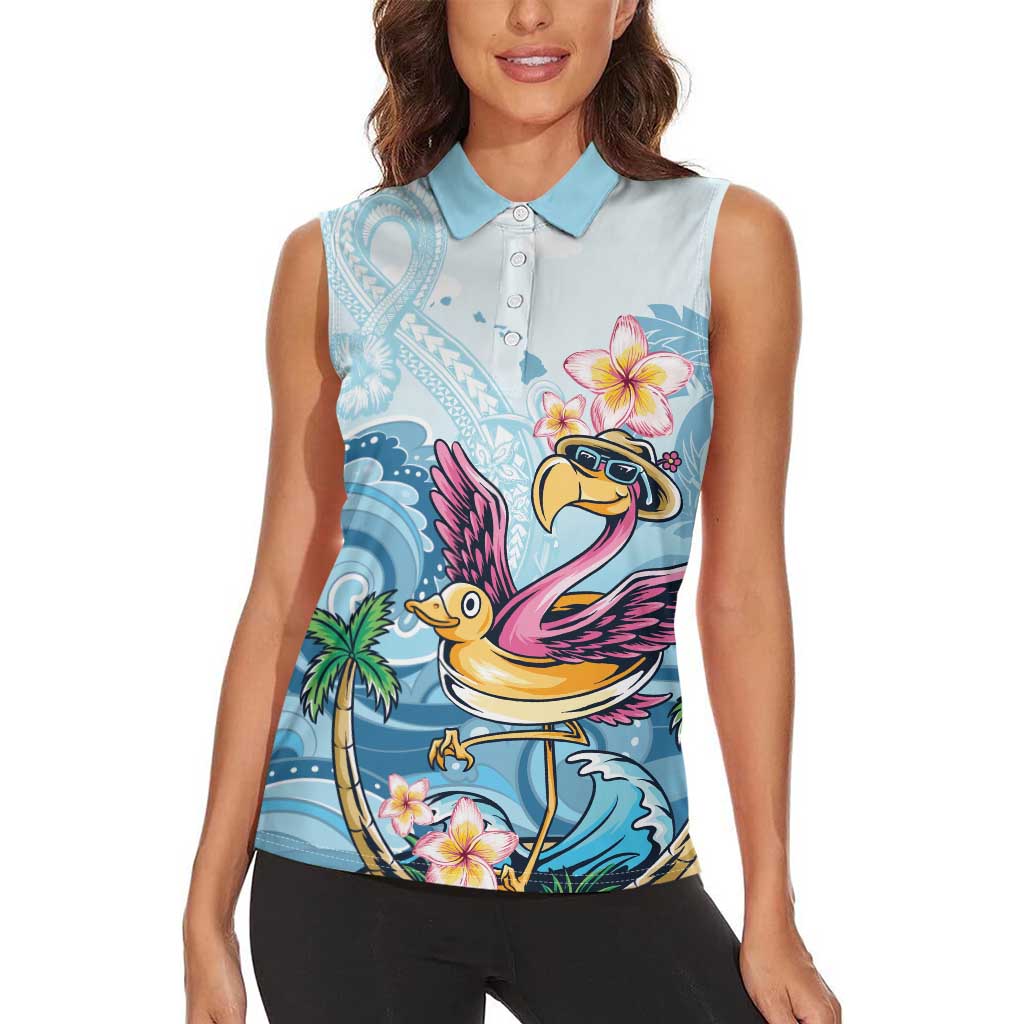 Hawaii Flamingo Women Sleeveless Polo Shirt Plumeria Tropical Beach - Wonder Print Shop