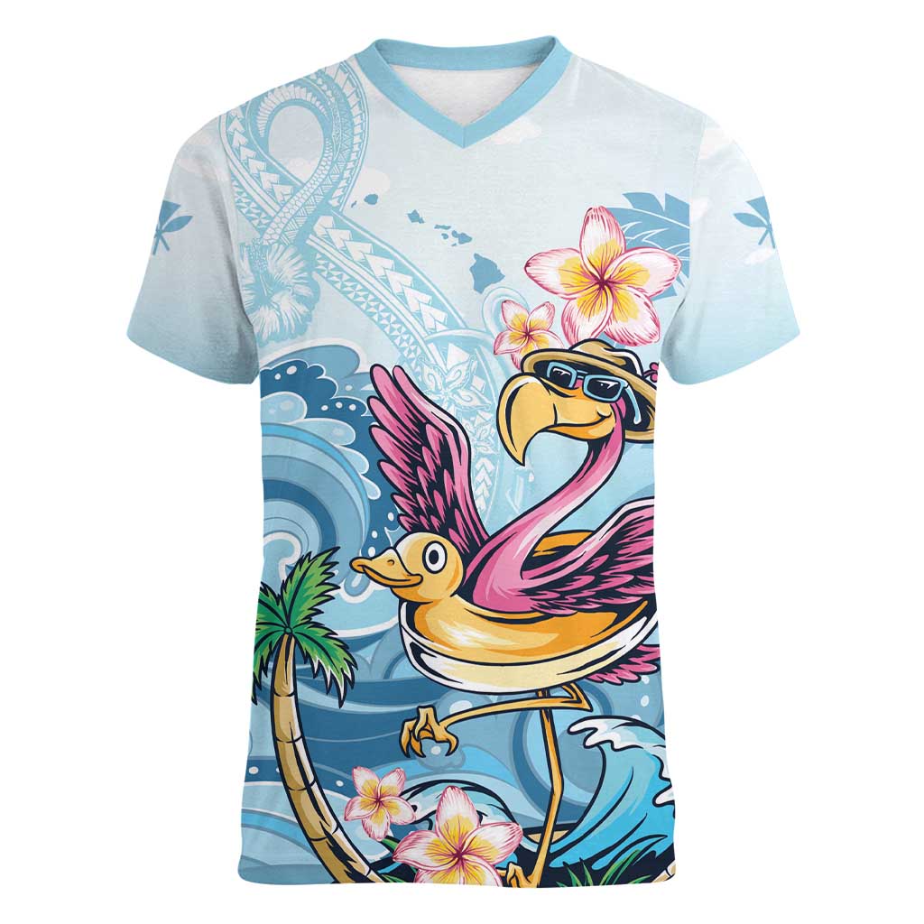 Hawaii Flamingo Women V-Neck T-Shirt Plumeria Tropical Beach - Wonder Print Shop
