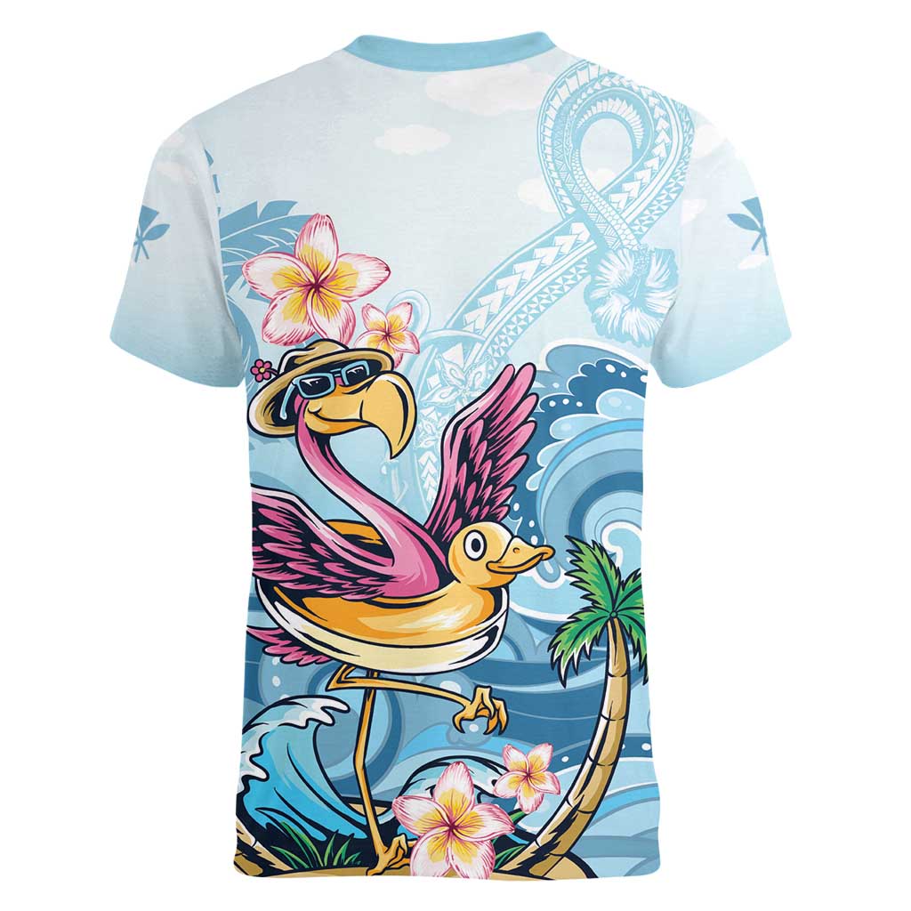 Hawaii Flamingo Women V-Neck T-Shirt Plumeria Tropical Beach - Wonder Print Shop