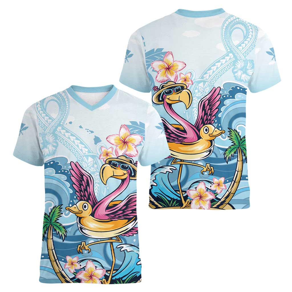 Hawaii Flamingo Women V-Neck T-Shirt Plumeria Tropical Beach - Wonder Print Shop