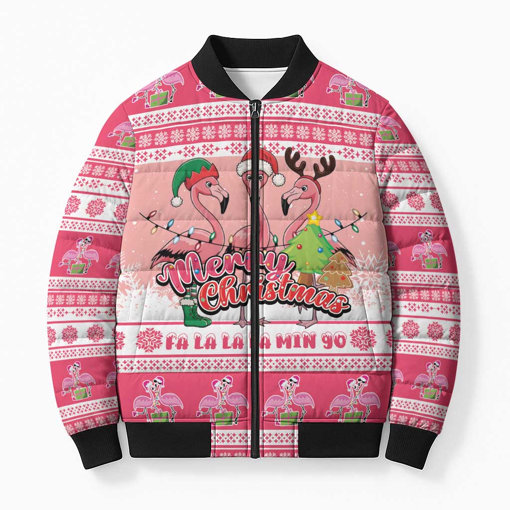Flamingo Pink Christmas Bomber Puffer Jacket Fa La La La Min Go - Wonder Print Shop