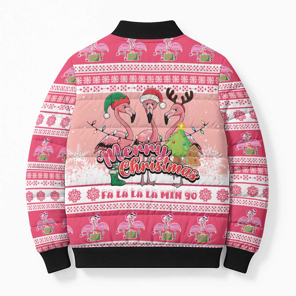 Flamingo Pink Christmas Bomber Puffer Jacket Fa La La La Min Go - Wonder Print Shop