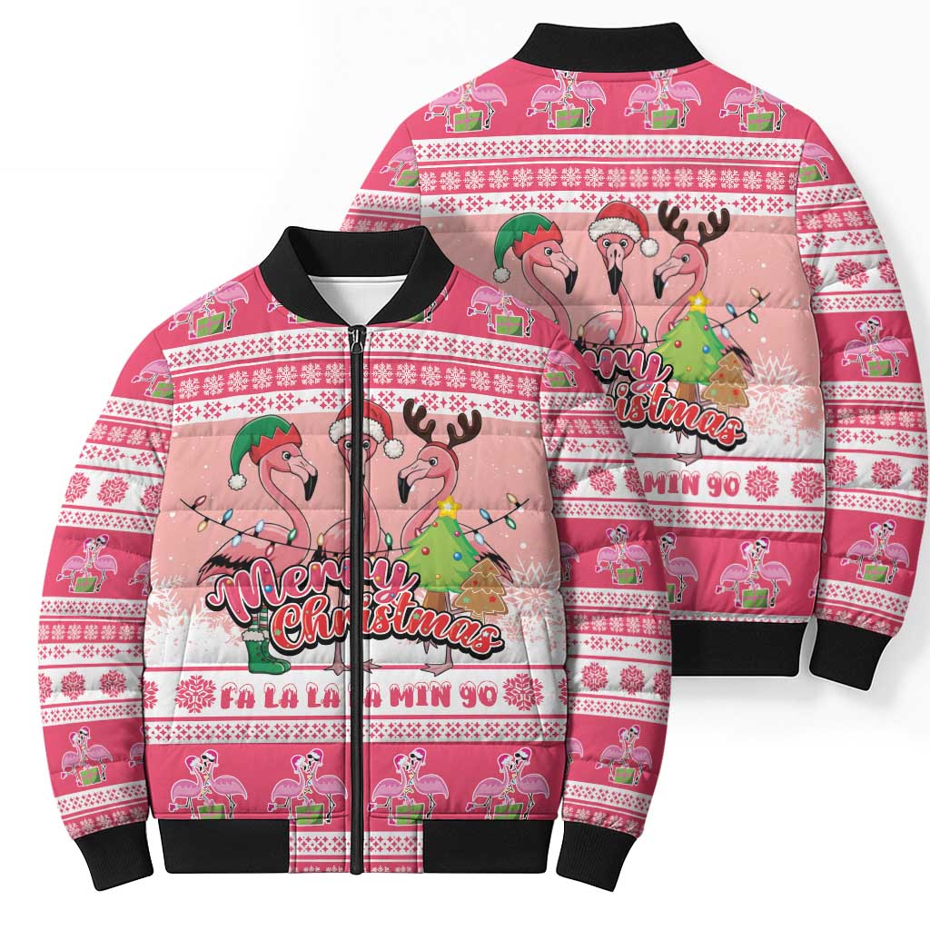 Flamingo Pink Christmas Bomber Puffer Jacket Fa La La La Min Go - Wonder Print Shop
