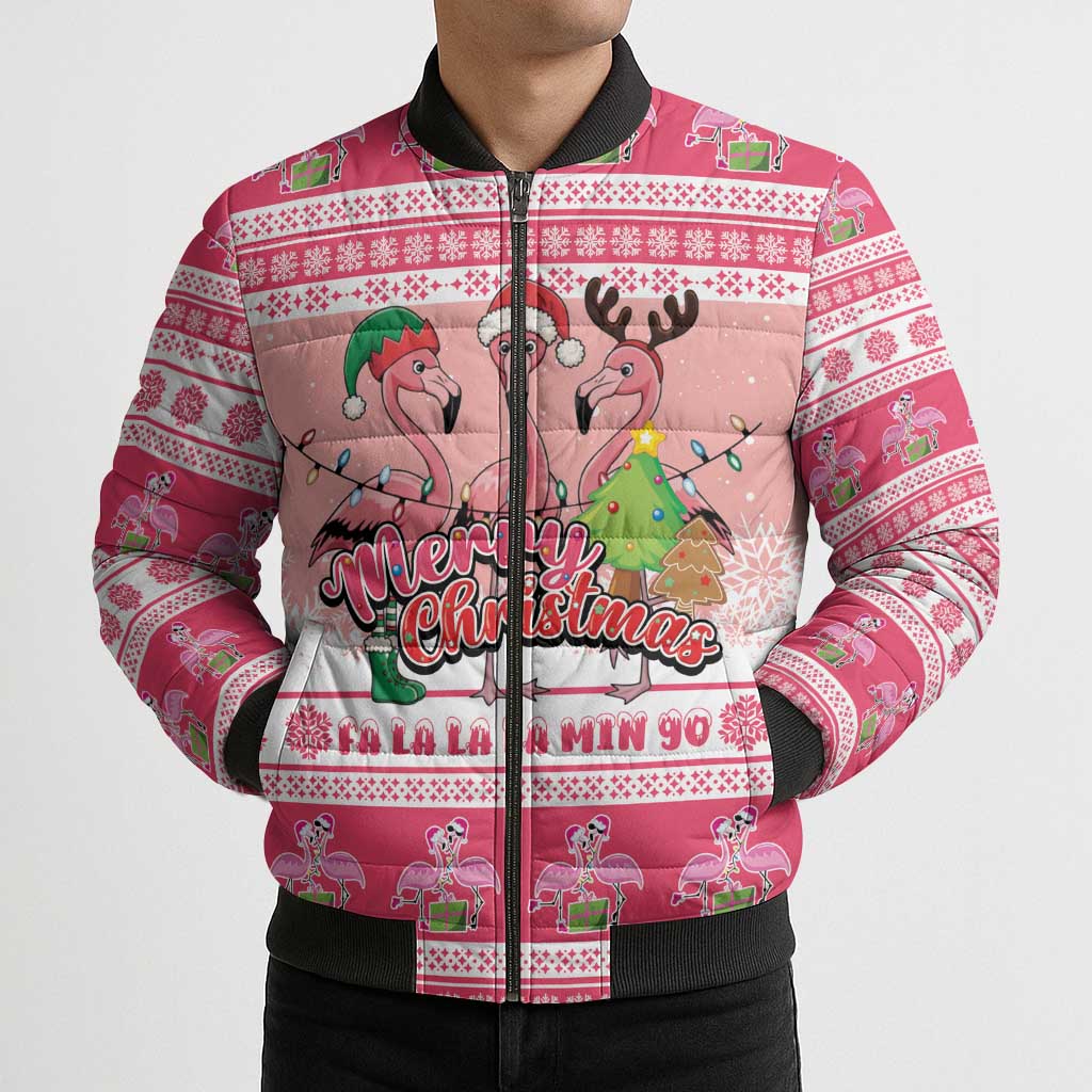 Flamingo Pink Christmas Bomber Puffer Jacket Fa La La La Min Go - Wonder Print Shop