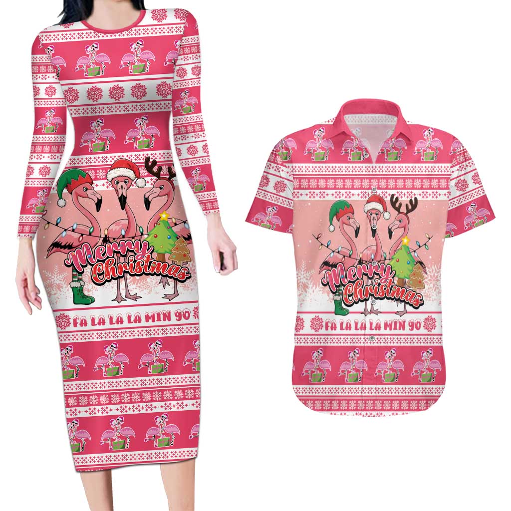 Flamingo Pink Christmas Couples Matching Long Sleeve Bodycon Dress and Hawaiian Shirt Fa La La La Min Go - Wonder Print Shop