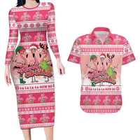Flamingo Pink Christmas Couples Matching Long Sleeve Bodycon Dress and Hawaiian Shirt Fa La La La Min Go - Wonder Print Shop