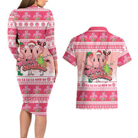 Flamingo Pink Christmas Couples Matching Long Sleeve Bodycon Dress and Hawaiian Shirt Fa La La La Min Go - Wonder Print Shop