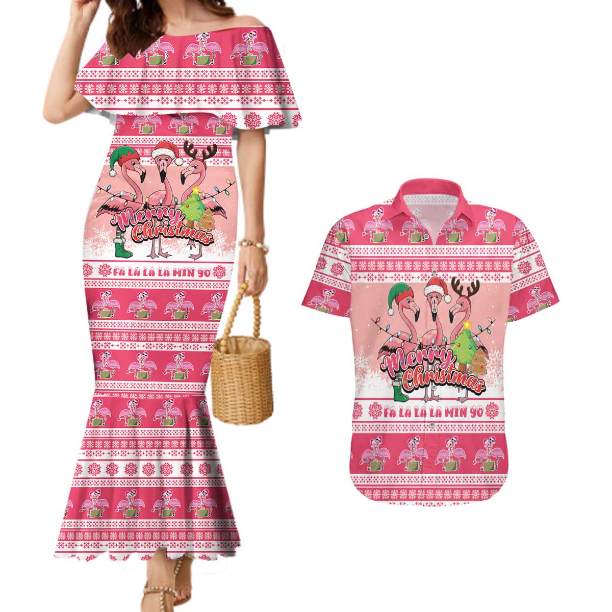 Flamingo Pink Christmas Couples Matching Mermaid Dress and Hawaiian Shirt Fa La La La Min Go - Wonder Print Shop
