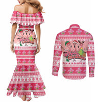 Flamingo Pink Christmas Couples Matching Mermaid Dress and Long Sleeve Button Shirt Fa La La La Min Go - Wonder Print Shop