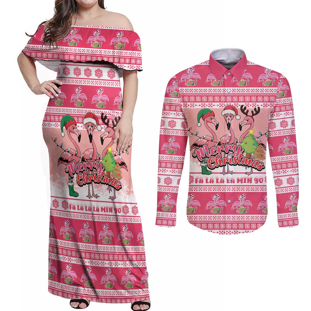 Flamingo Pink Christmas Couples Matching Off Shoulder Maxi Dress and Long Sleeve Button Shirt Fa La La La Min Go - Wonder Print Shop