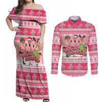 Flamingo Pink Christmas Couples Matching Off Shoulder Maxi Dress and Long Sleeve Button Shirt Fa La La La Min Go - Wonder Print Shop