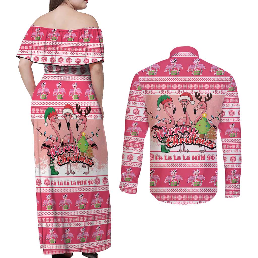 Flamingo Pink Christmas Couples Matching Off Shoulder Maxi Dress and Long Sleeve Button Shirt Fa La La La Min Go - Wonder Print Shop