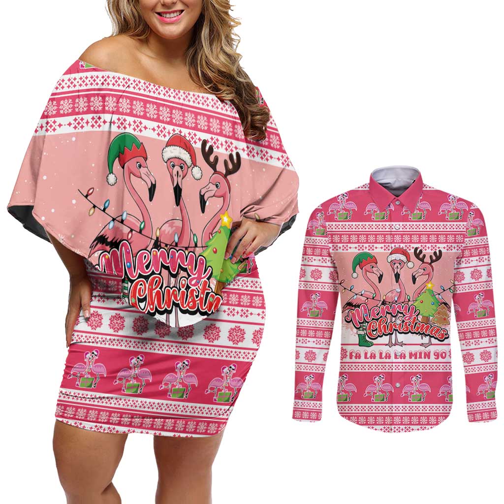 Flamingo Pink Christmas Couples Matching Off Shoulder Short Dress and Long Sleeve Button Shirt Fa La La La Min Go - Wonder Print Shop