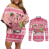 Flamingo Pink Christmas Couples Matching Off Shoulder Short Dress and Long Sleeve Button Shirt Fa La La La Min Go - Wonder Print Shop