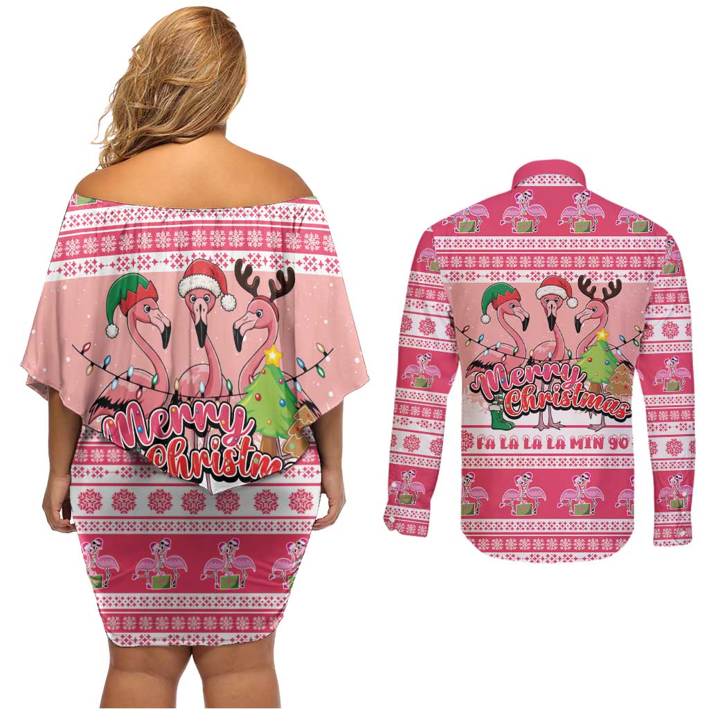 Flamingo Pink Christmas Couples Matching Off Shoulder Short Dress and Long Sleeve Button Shirt Fa La La La Min Go - Wonder Print Shop
