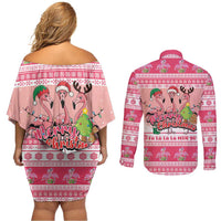 Flamingo Pink Christmas Couples Matching Off Shoulder Short Dress and Long Sleeve Button Shirt Fa La La La Min Go - Wonder Print Shop