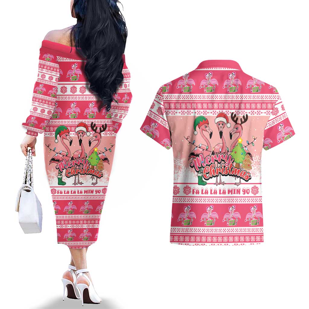 Flamingo Pink Christmas Couples Matching Off The Shoulder Long Sleeve Dress and Hawaiian Shirt Fa La La La Min Go - Wonder Print Shop