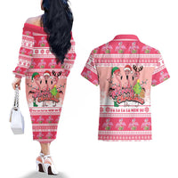 Flamingo Pink Christmas Couples Matching Off The Shoulder Long Sleeve Dress and Hawaiian Shirt Fa La La La Min Go - Wonder Print Shop