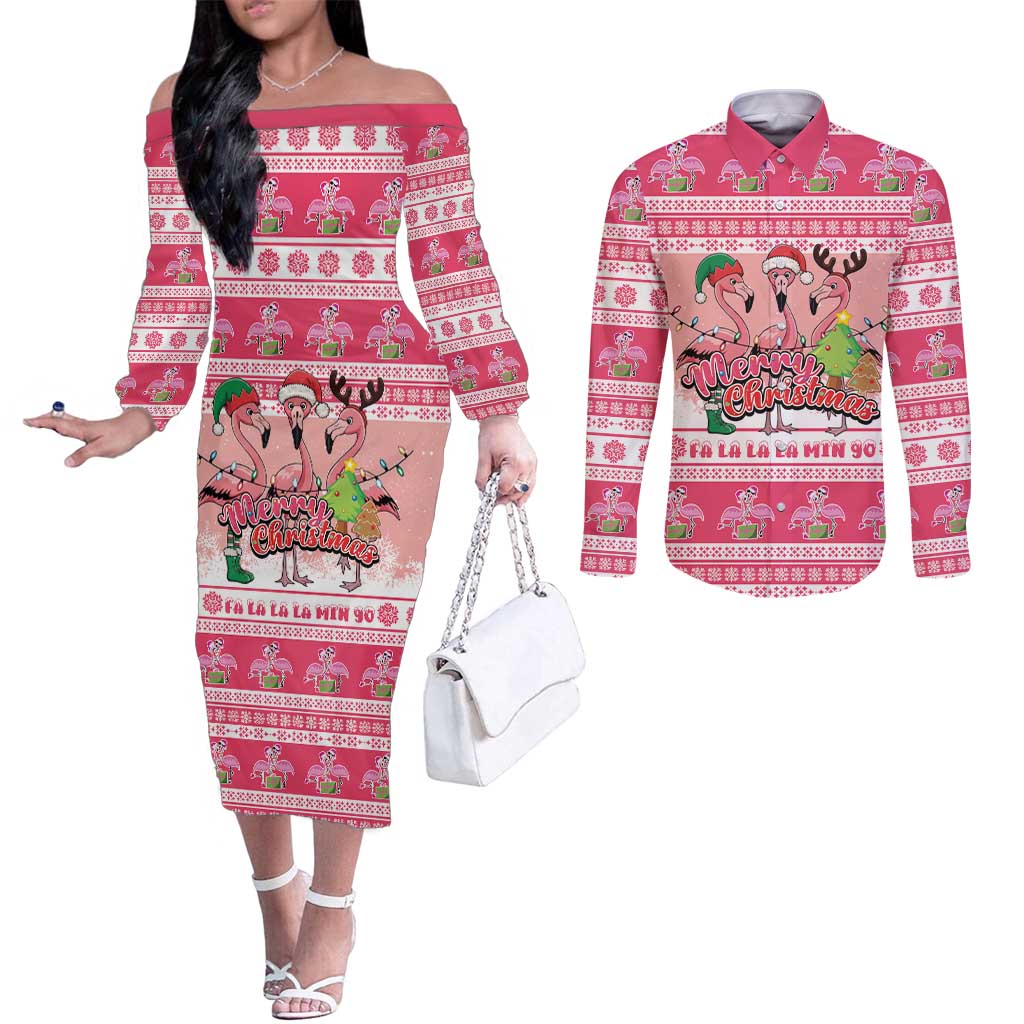 Flamingo Pink Christmas Couples Matching Off The Shoulder Long Sleeve Dress and Long Sleeve Button Shirt Fa La La La Min Go - Wonder Print Shop