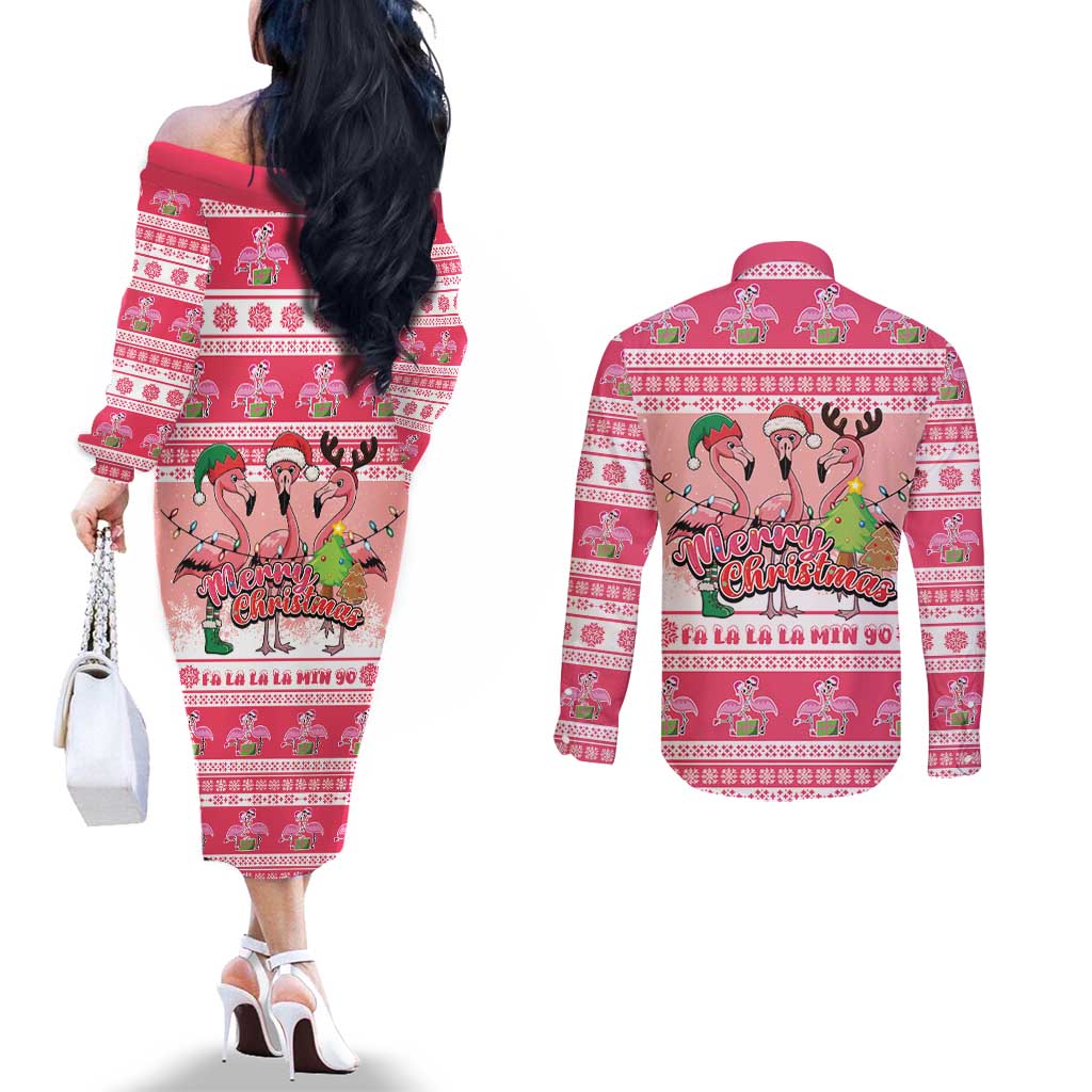 Flamingo Pink Christmas Couples Matching Off The Shoulder Long Sleeve Dress and Long Sleeve Button Shirt Fa La La La Min Go - Wonder Print Shop