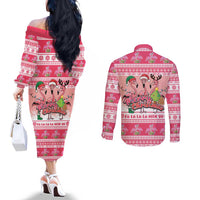 Flamingo Pink Christmas Couples Matching Off The Shoulder Long Sleeve Dress and Long Sleeve Button Shirt Fa La La La Min Go - Wonder Print Shop