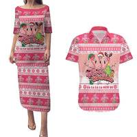 Flamingo Pink Christmas Couples Matching Puletasi and Hawaiian Shirt Fa La La La Min Go - Wonder Print Shop