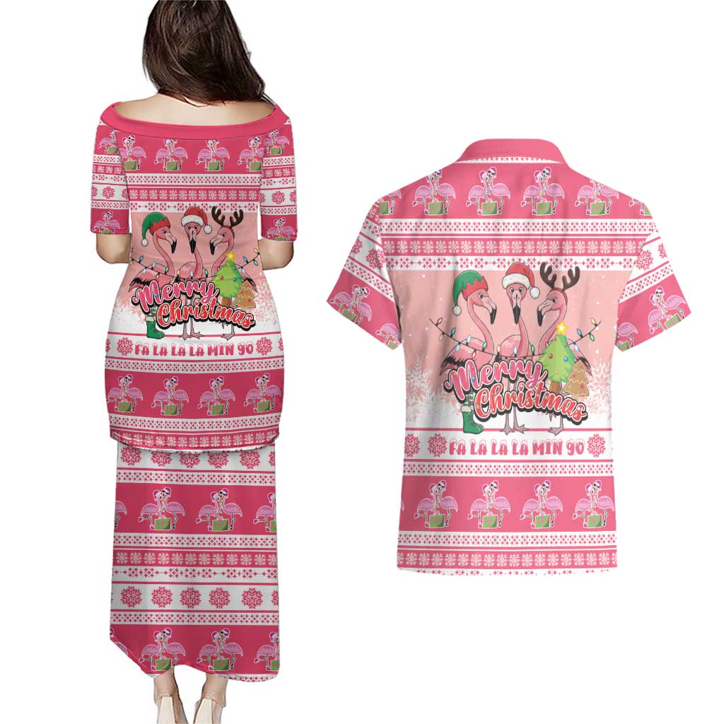 Flamingo Pink Christmas Couples Matching Puletasi and Hawaiian Shirt Fa La La La Min Go - Wonder Print Shop