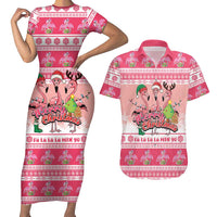 Flamingo Pink Christmas Couples Matching Short Sleeve Bodycon Dress and Hawaiian Shirt Fa La La La Min Go - Wonder Print Shop