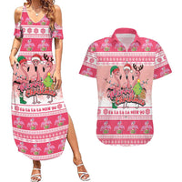 Flamingo Pink Christmas Couples Matching Summer Maxi Dress and Hawaiian Shirt Fa La La La Min Go - Wonder Print Shop