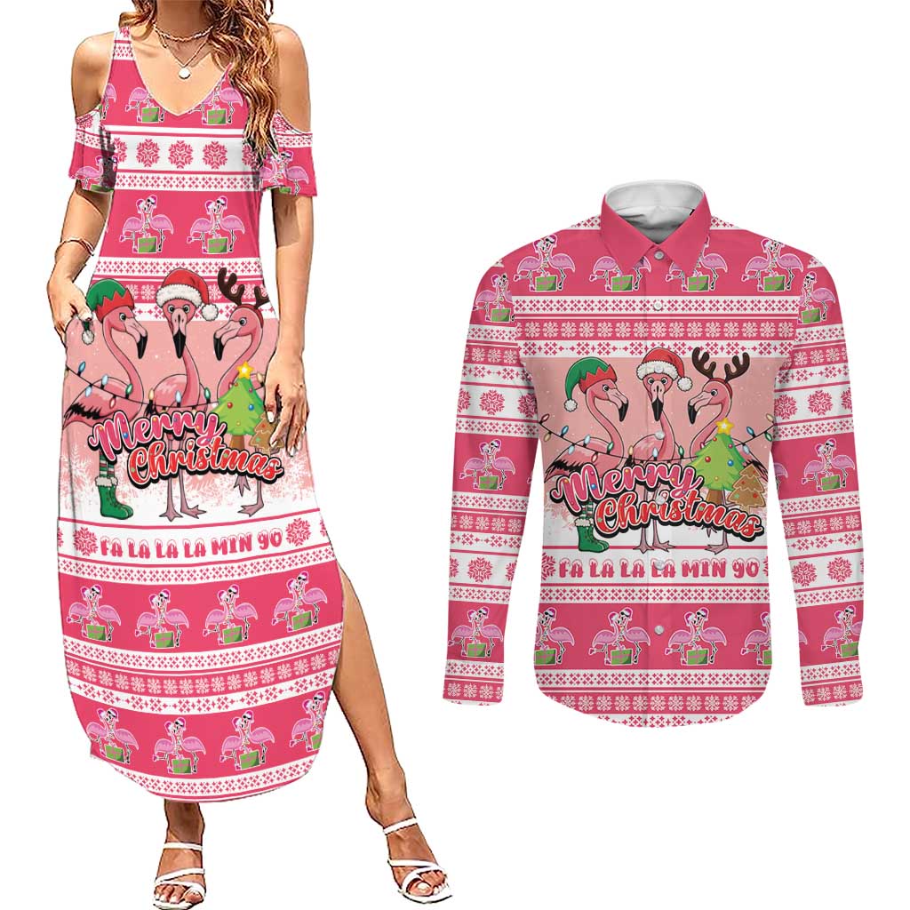 Flamingo Pink Christmas Couples Matching Summer Maxi Dress and Long Sleeve Button Shirt Fa La La La Min Go - Wonder Print Shop
