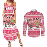 Flamingo Pink Christmas Couples Matching Summer Maxi Dress and Long Sleeve Button Shirt Fa La La La Min Go - Wonder Print Shop