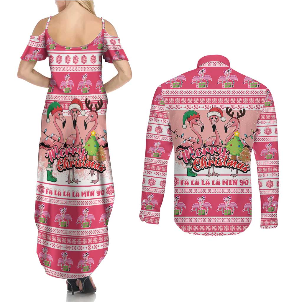 Flamingo Pink Christmas Couples Matching Summer Maxi Dress and Long Sleeve Button Shirt Fa La La La Min Go - Wonder Print Shop