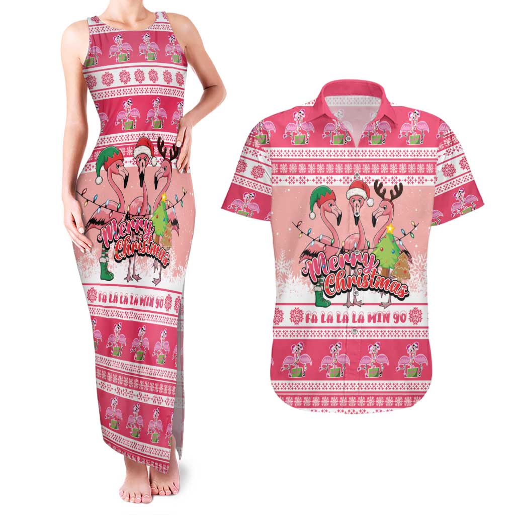 Flamingo Pink Christmas Couples Matching Tank Maxi Dress and Hawaiian Shirt Fa La La La Min Go - Wonder Print Shop