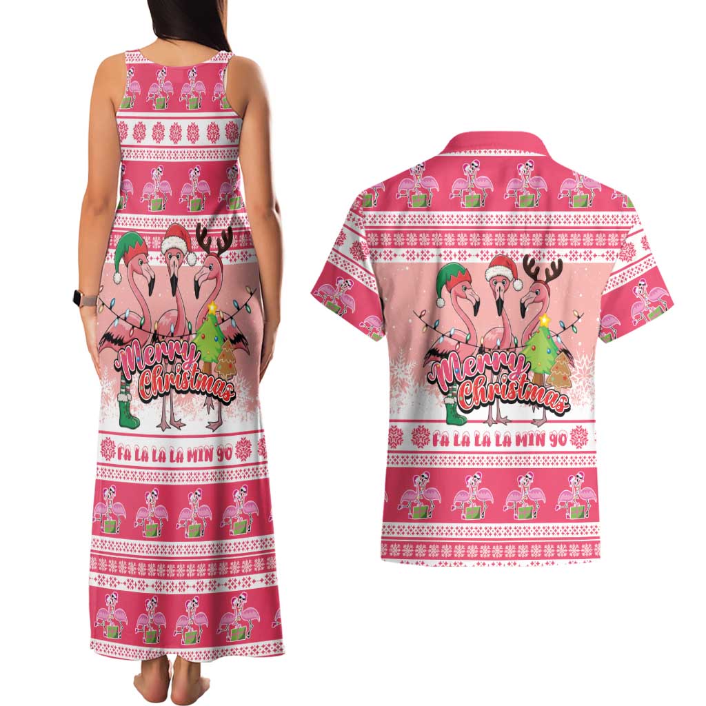 Flamingo Pink Christmas Couples Matching Tank Maxi Dress and Hawaiian Shirt Fa La La La Min Go - Wonder Print Shop