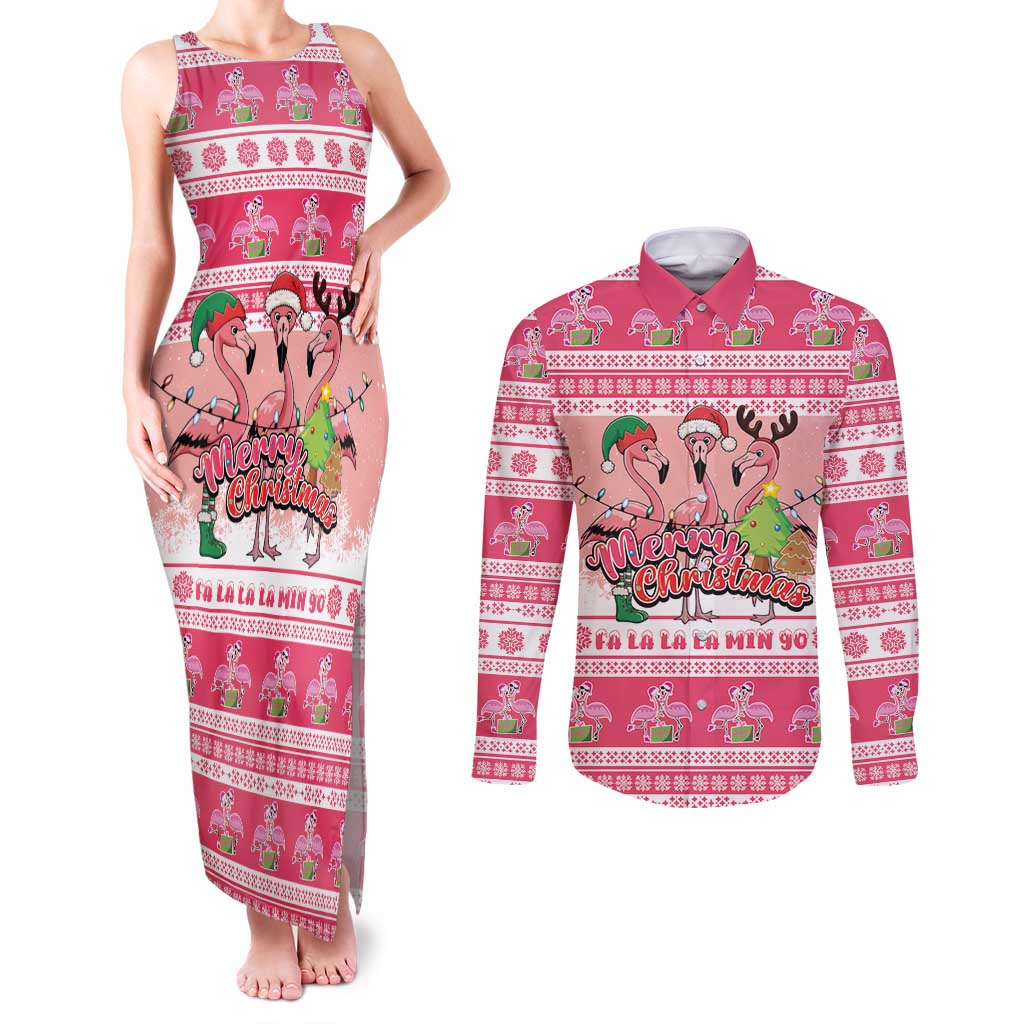 Flamingo Pink Christmas Couples Matching Tank Maxi Dress and Long Sleeve Button Shirt Fa La La La Min Go - Wonder Print Shop